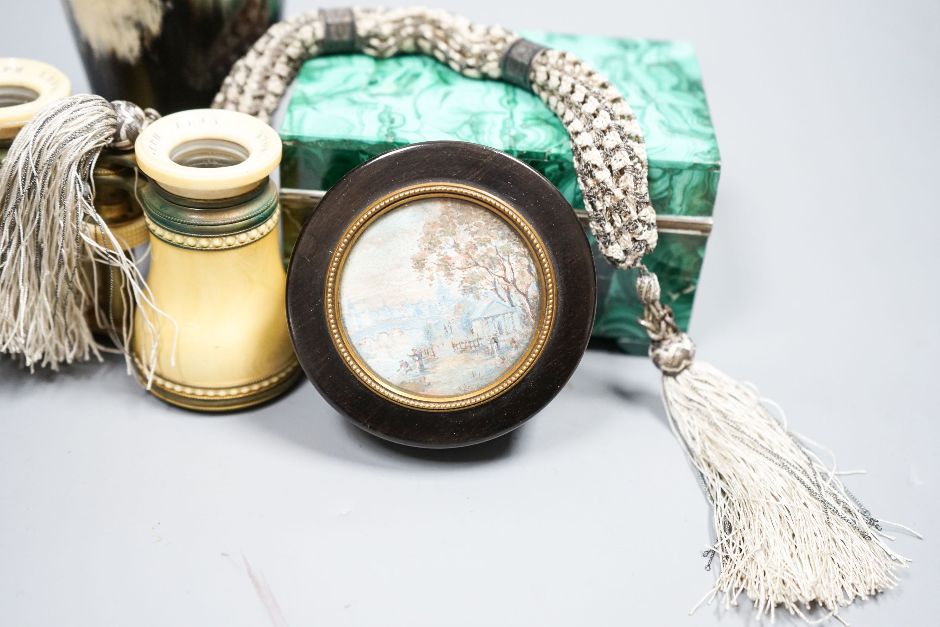 A malachite box, snuff box, miser purse etc, patent leather case, opera glasses